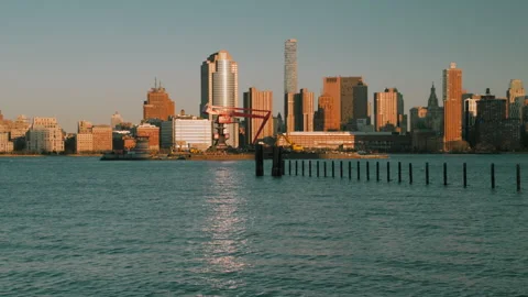 Cargo Ship, Riverside, Sunset, Waves, Manhattan, Cinematic Color, 4K30p Stock Footage 305128411