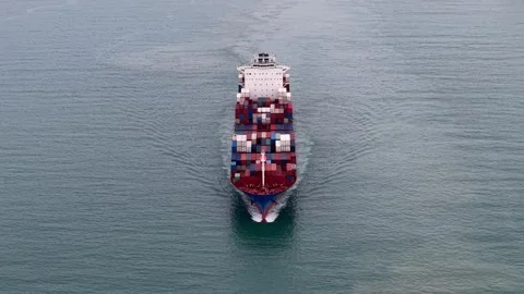 Cargo Ship Sailing in Calm Ocean Waters Seen from Above During Daylight Stock Footage 345832467