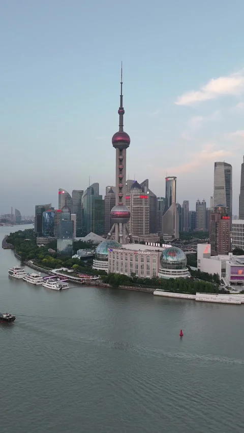 Cargo Ship Sailing on Huangpu River, Shanghai, China Skyline Stock Footage 335965309