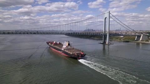 Cargo ship sailing on Hudson River. arriving to New York 動画素材 241943306