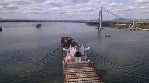 Cargo ship sailing on Hudson River. arriving to New York Stock Footage 241943735