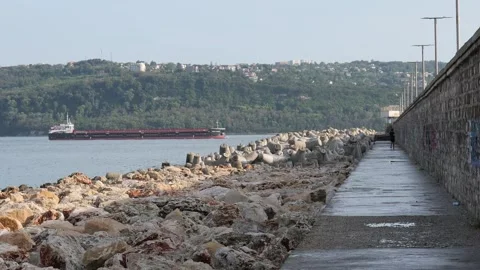 Cargo ship sailing past a breakwater with person walking Stock Footage 341787660