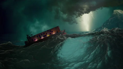 Cargo ship sailing in a thunderstorm Stock Footage 199214544