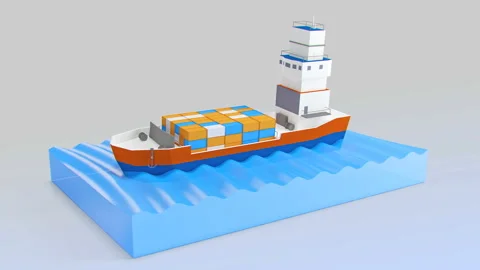 Cargo ship sails across the Ocean. My own design. High quality 3d render Stock Footage 97486379