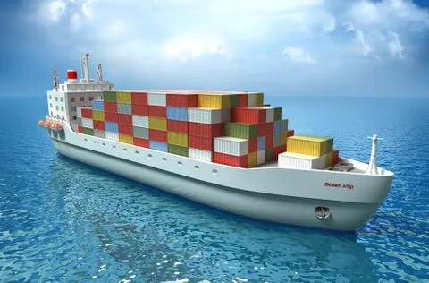 Cargo ship sails across the Ocean. My own design. High quality 3d render Illustrazione stock