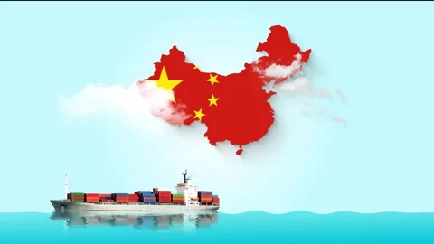 A cargo ship sails on the ocean under a map of China represented by its flag Stock Footage 335668990