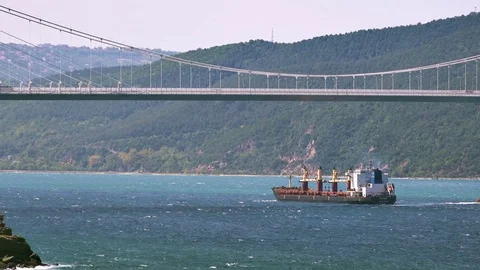 Cargo ship sails under the Yavuz Sultan Selim Bridge, Turkey Stock Footage 80472064