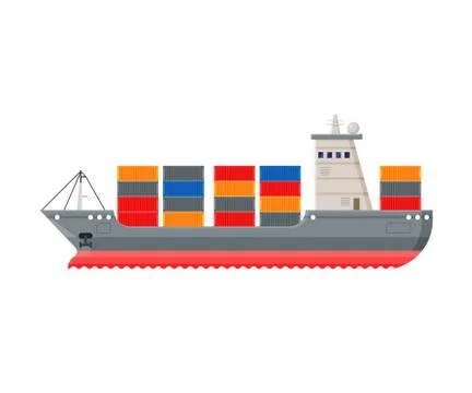 Cargo Ship, Side View, Water Transport, Sea or Ocean Transportation Vector Stock Illustration