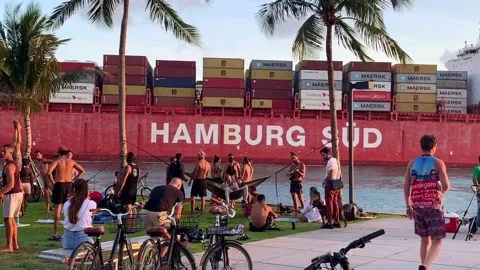 Cargo ship by south pointe park miami beach Stock Footage 154227629