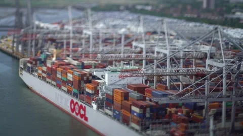 Cargo Ship at Southampton Loading Dock Tilt Shift Aerial Drone Footage 3 Video stock 172154987