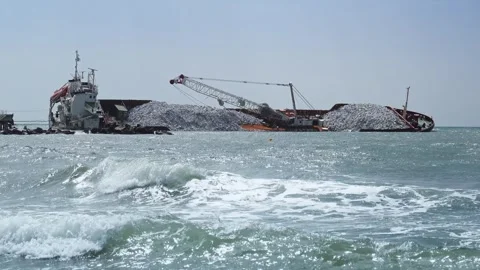 Cargo ship stranded after storm Stock Footage 316418972