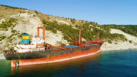 Cargo Ship is Stranded. The Storm Washed the Vessel Ashore. View From Above Stock Footage 105713677