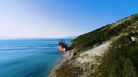 Cargo Ship is Stranded. The Storm Washed the Vessel Ashore. View From Above Stock Footage 105715939