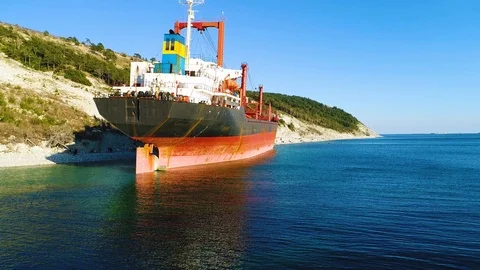 Cargo Ship is Stranded. The Storm Washed the Vessel Ashore. View From Above Stock Footage 105723535