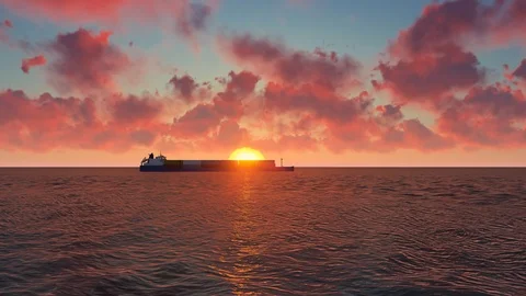 Cargo ship at sunset, Aerial view container ship at sunset, 3D Rendering, 4K Stock Footage 120409300