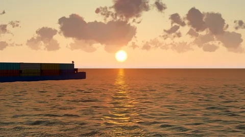 Cargo ship at sunset, Aerial view container ship at sunset, 3D Rendering, 4K Stock Footage 120421083