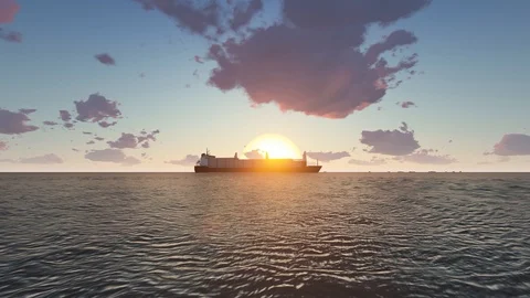 Cargo ship at sunset, Aerial view container ship at sunset, 3D Rendering, 4K Stock Footage 120634769