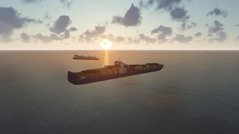 Cargo ship at sunset, Aerial view container ship at sunset, 3D Rendering, 4K Stock Footage 120634909