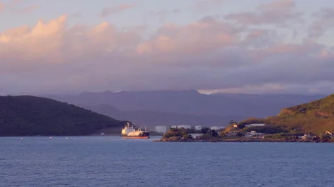 Cargo ship in sunset. Waiting for loading. Revealing shoot, Stock Footage 273335201