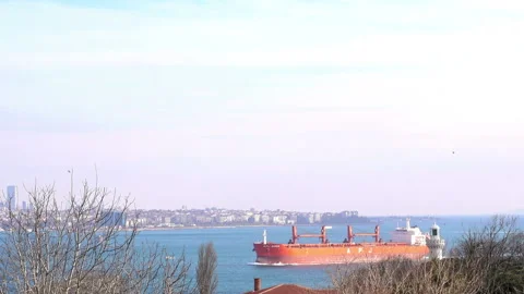 Cargo ship tanker passes through the waters of the Bosphorus. Stock Footage 86308549