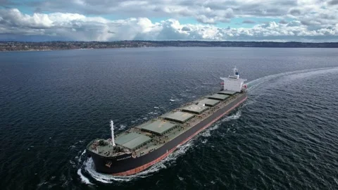 Cargo ship tanker sailing through water aerial Stock Footage 209348811