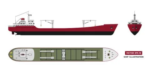 Cargo ship. Top, side and front view. Container transport. Industrial blueprint Stock-Illustration