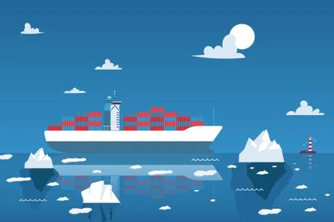 Cargo ship transporting containers in the Arctic Ocean, vector illustration Stock-Illustration