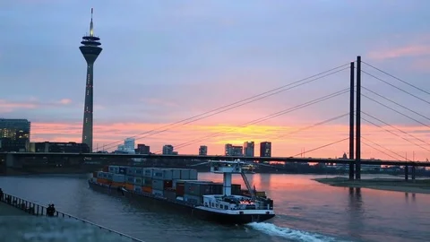 Cargo ship transporting containers on the Rhine Stock Footage 73150822
