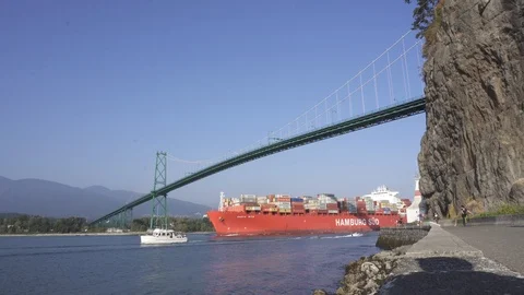 Cargo ship under lions gate bridge 4k Stock Footage 99647524