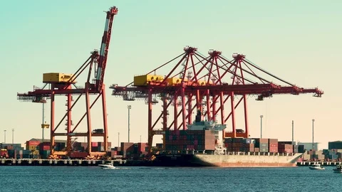 Cargo ship unloading containers at port long shot real time Stock-Footage 94724857