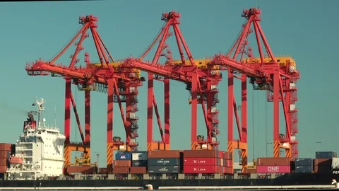 Cargo ship unloading containers at port long shot real time Stock Footage 94725163