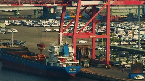 Cargo Ship Unloading at Incheon Port Crane Beside Car Export Yard South Korea Stock Footage 343889290