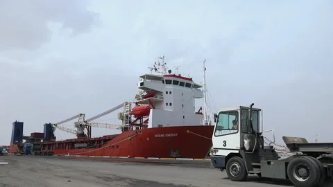 Cargo ship unloading at port with crane, truck, and workers involved Stock Footage 318203781