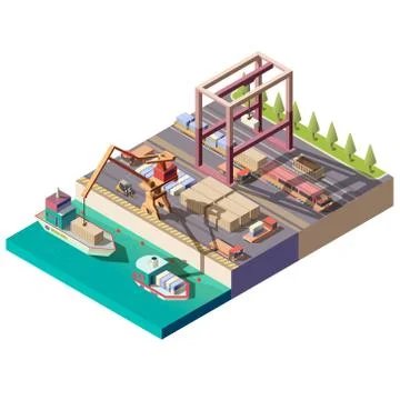 Cargo ship unloading in seaport isometric vector Stock-Illustration