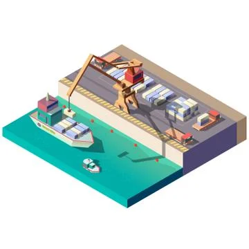 Cargo ship unloading in seaport isometric Stock-Illustration