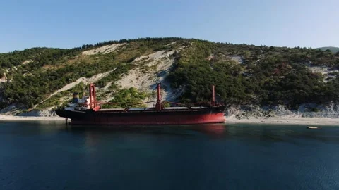 The cargo ship was wrecked and ran aground. Aerial view Stock Footage 144877889