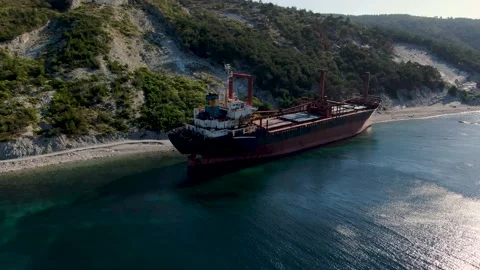 The cargo ship was wrecked and ran aground. Aerial view 動画素材 144878331