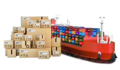 Cargo shipping concept. Cargo ship with parcels, 3D rendering Illustrazione stock