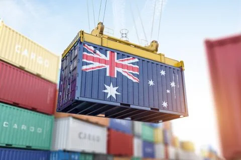 Cargo shipping container with Australian flag in a port harbor. Production,.. Stock-Illustration