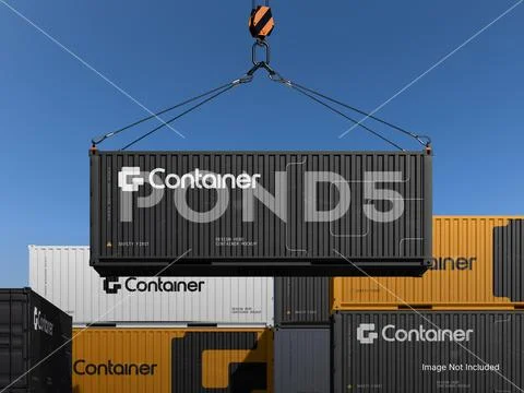 Cargo Shipping Container Mockup with Crane and Stacked Containers Modello PSD