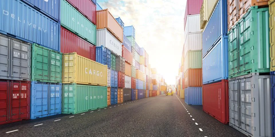 Cargo shipping containers under cloud sky. Import export logistic, delivery a Stock Photos