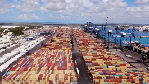 Cargo Shipping Port and Container Terminal Drone View, Bahamas Stock Footage 104021528