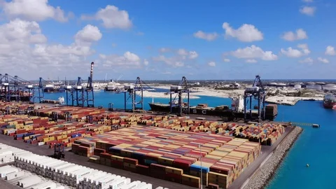 Cargo Shipping Port and Container Terminal Drone View, Bahamas Stock Footage 104021673
