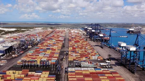 Cargo Shipping Port and Container Terminal Drone View, Bahamas Stock Footage 104021972