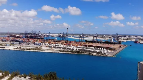 Cargo Shipping Port and Container Terminal Drone View, Bahamas Stock Footage 104022106