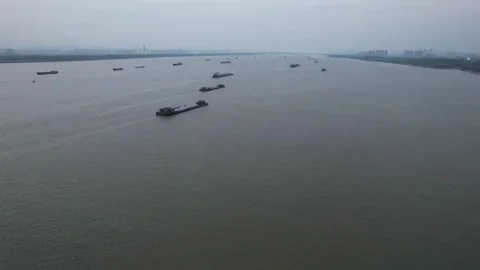 Cargo Ships Beneath Modern River Bridge in Nanjing, China Stock Footage 344039661