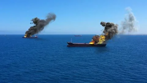 Cargo ships Burning on fire under attack in Mediterranean Sea Stock Illustration
