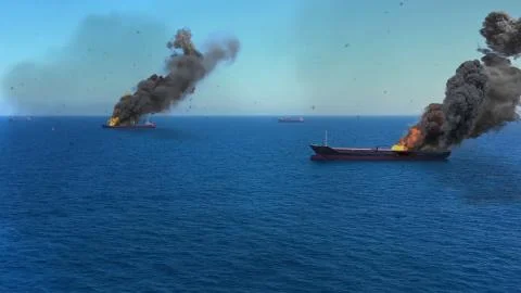 Cargo ships Burning on fire under attack in Mediterranean Sea Stock Illustration