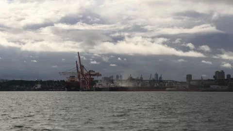 Cargo ships in container port on a rainy day with bad weather, busy shipping Video stock 342219780