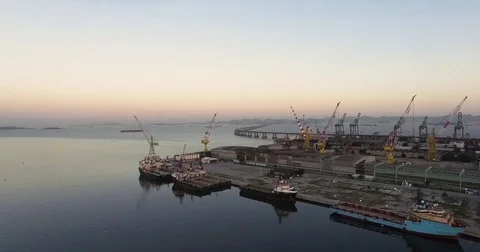 Cargo ships docked at a port in Rio de Janeiro Stock Footage